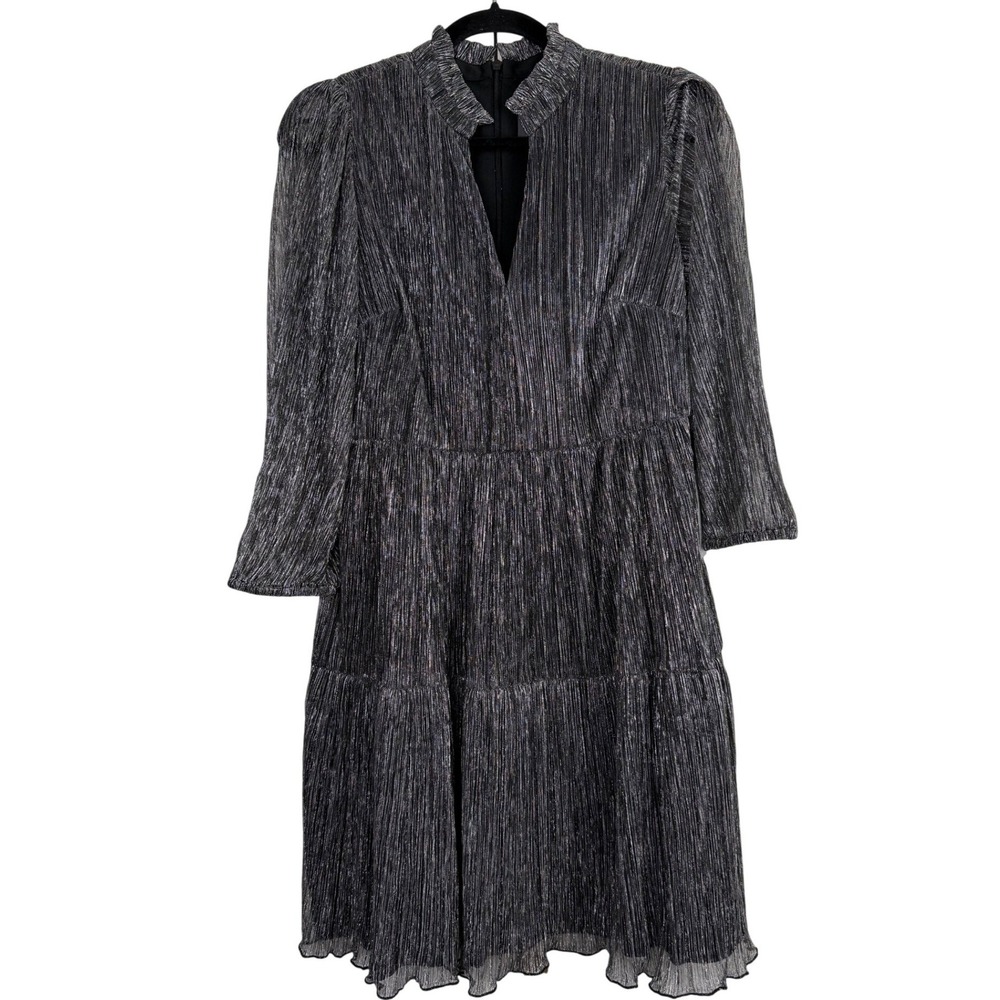 Vince Camuto Metallic Silver Plisse Tiered Dress Gunmetal Glam Y2K New‎ 6